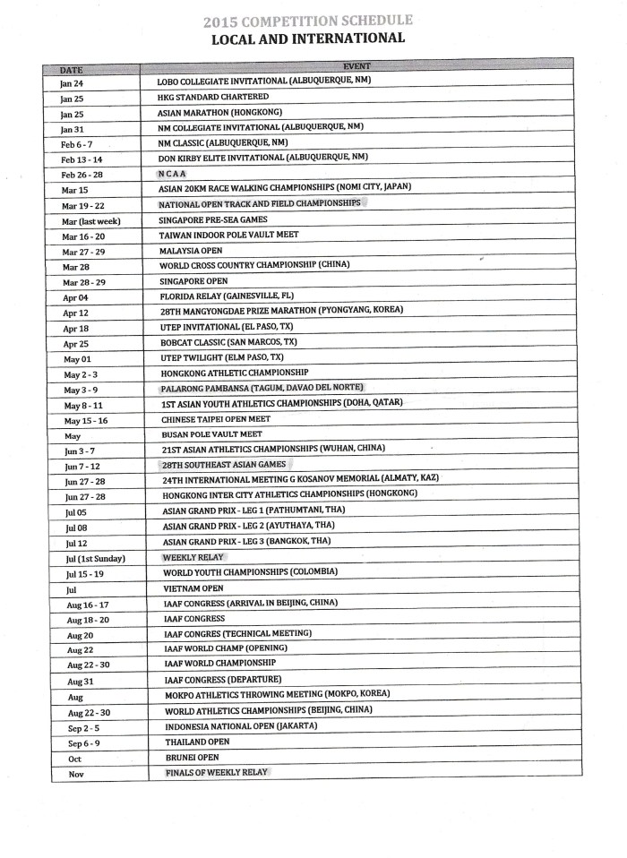 2015 PATAFA calendar of events
